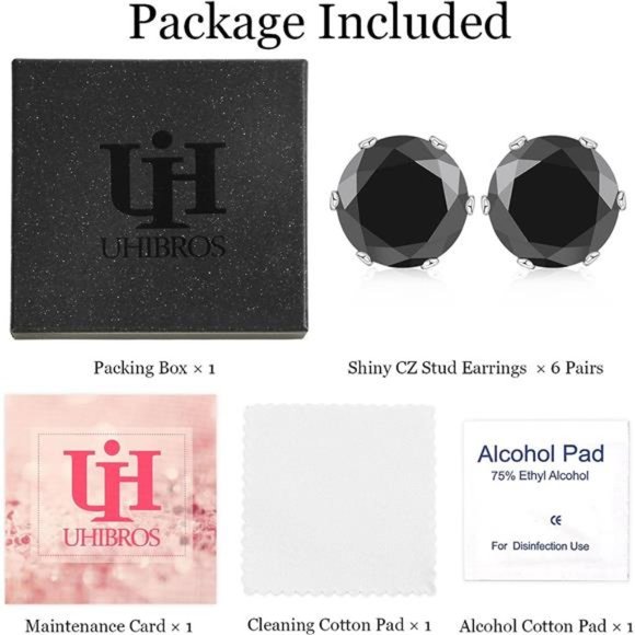 6 Pairs Stainless Steel Stud Earrings Set Hypoallergenic Cubic Zirconia Black - Picture 6 of 6